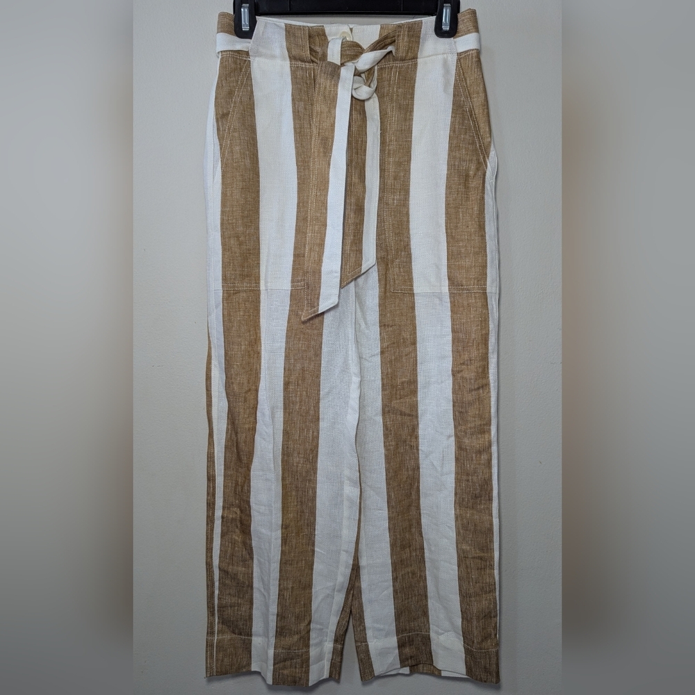 J Crew Striped Linen Pants Tan + Ivory Belted Straight Leg NEW Women's Size 00